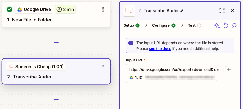 Zap - Transcribe Audio - Configuration