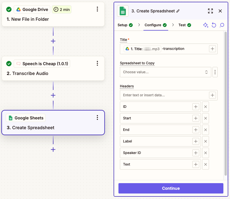 Zap - Google Sheets - Create Spreadsheet - Configuration