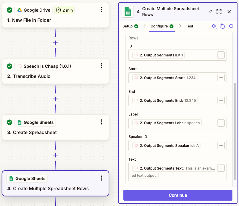 Zap - Google Sheets - Create Rows - Configuration