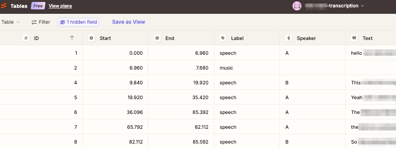 Zapier - Tables - Transcription Output